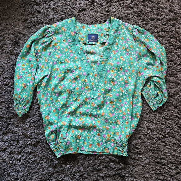 Tops - Mayeelok 100% Silk blouse shirts green floral flower size large 3/4 puffy elasti